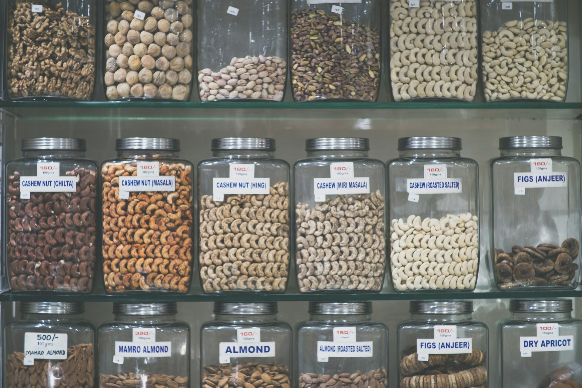 assorted nuts and condiment jars